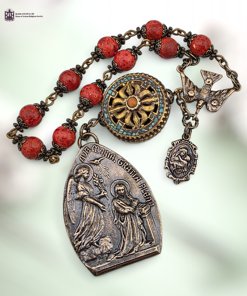 Annunciation Ave Maria Gratia Plena Archangel Gabriel Mother Mary baby Jesus Holy Spirit bronze chaplet coral turquoise by Bless And Heal Me