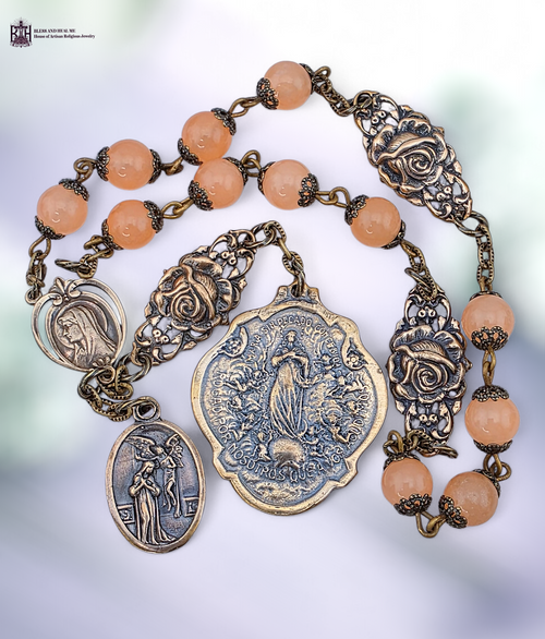 Immaculate Conception Annunciation Archangel Gabriel Virgin Mary Our Lady Lourdes bronze 15 bead chaplet salmon jade by Bless And Heal Me