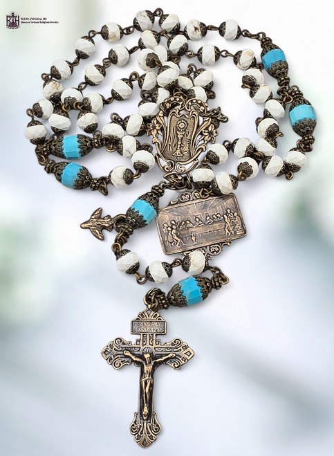 Holy Eucharist rare Last Supper Holy Spirit Pardon Crucifix premium bronze rosary white blue turquoise by Bless And Heal Me