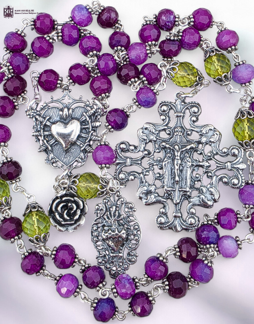 Seven Sorrows Sacred Heart two Marys cross solid sterling silver rosary sugilite green Baltic amber by Bless And Heal Me