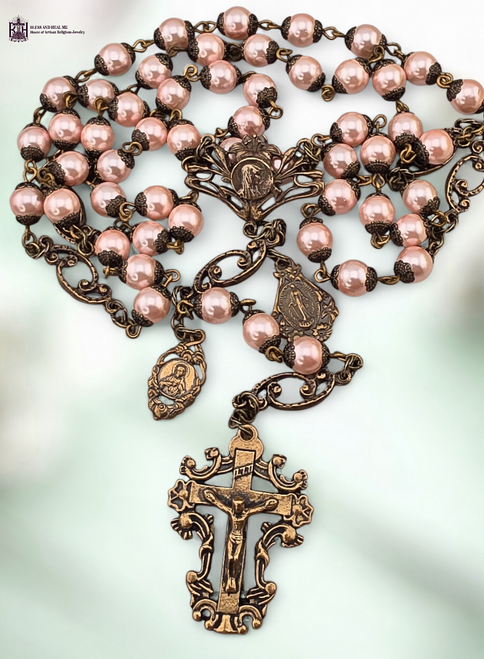 Blessed Virgin Mary lily Miraculous Mary Sacred Heart Our Lady Carmel heritage bronze rosary peach pearl shell by Bless And Heal Me