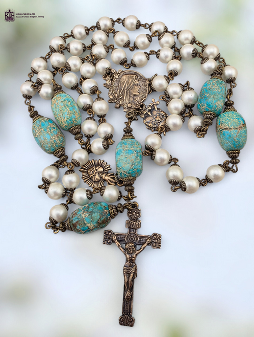 Blessed Virgin Mary flowers Immaculate Heart Sacred Heart heritage bronze rosary frosted pearl shell ocean jasper by Bless And Heal Me