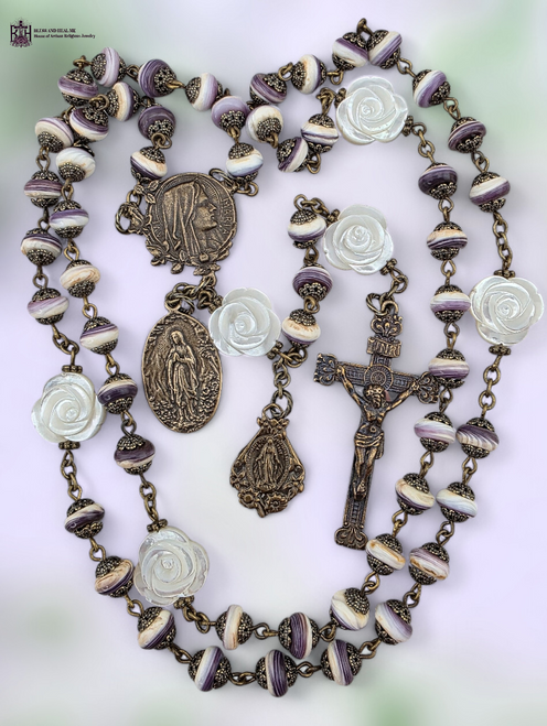 Blessed Virgin Mary flowers Our Lady Lourdes Miraculous Mary heritage bronze rosary purple oyster shell pearl roses by Bless And Heal Me