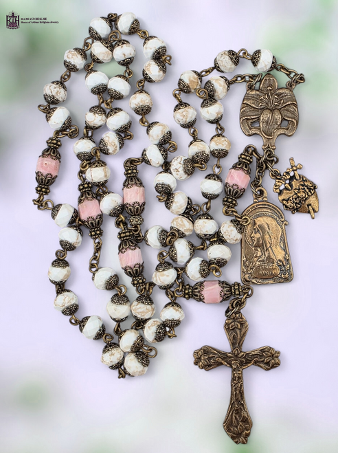 Blessed Virgin Mary Immaculate Pierced Heart lilies heritage bronze rosary white turquoise pink conch shell by Bless And Heal Me