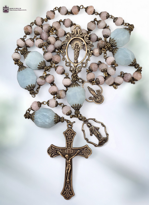 Our Lady Pillar Lourdes Jesus open arms heritage bronze rosary Madagascar rose quartz aquamarine by Bless And Heal Me