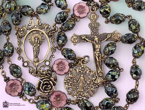 Our Lady Pillar Miraculous Mary heritage bronze rosary Czech glass by Bless And Heal Me
