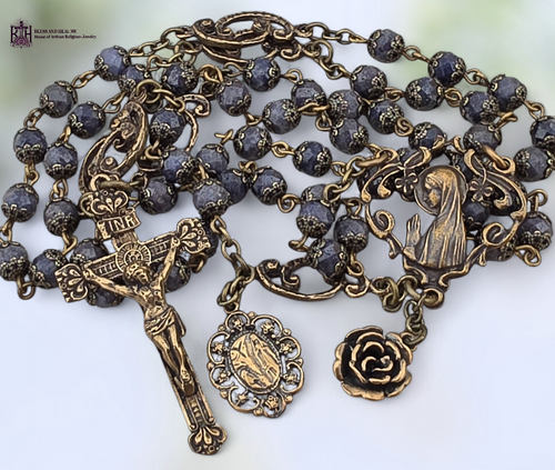 Blessed Virgin Mary Our Lady Lourdes heritage bronze rosary genuine blue sapphire by Bless And Heal Me
