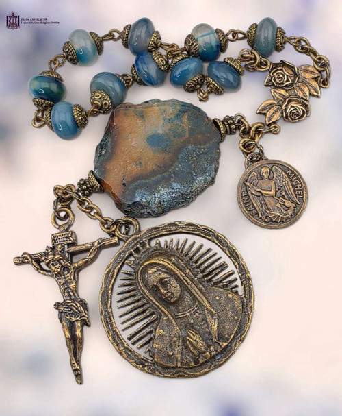 Our Lady Guadalupe Miraculous Mary roses Archangel Michael heritage bronze chaplet blue agate coral by Bless And Heal Me