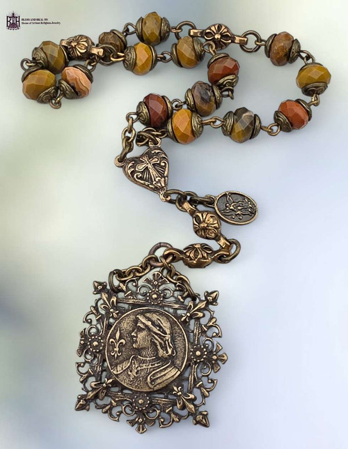 St Joan of Arc Fleur de Lis Archangel Michael 19 bead heritage bronze chaplet red orange agate by Bless And Heal Me