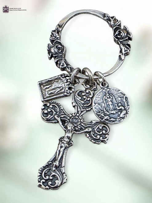 Our Lady Lourdes Archangel Raphael Sacred Heart solid sterling silver pocket medal prayer ring keychain by Bless And Heal Me