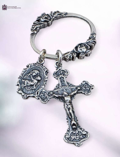 Blessed Mother Mary baby Jesus roses solid sterling silver pocket medal prayer ring keychain by Bless And Heal Me