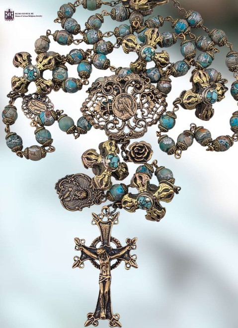 Blessed Virgin Mary Our Lady Lourdes Sacred Heart St Therese heritage bronze rosary jasper silver flash turquoise by Bless And Heal Me