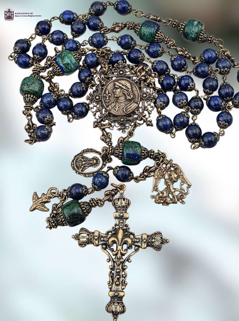 Joan of Arc Fleur de Lis Archangel Michael Holy Spirit Sacred Heart heritage bronze rosary lapis lazuli chrysocolla by Bless And Heal Me