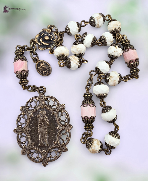 St Anne Holy Family Holy Spirit 18 bead heritage bronze chaplet white turquoise pink conch shell by Bless And Heal Me