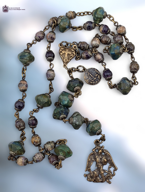 Archangel Michael Raphael 40 bead heritage bronze chaplet agate chrysocolla by Bless And Heal Me