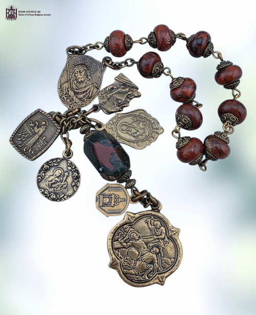 One-of-a-kind Passion of Christ, Blood of Christ, Stigmata Saints with Ecce Homo Crown of Thorns, Crucifixion, Most Precious Blood of Christ relic held in Bruges, Padre Pio, St Francis, St Gemma, St Rita Premium Heritage Bronze Medals Vintage Style  Chaplet handcrafted with Red Brecciated Jasper and Bloodstone