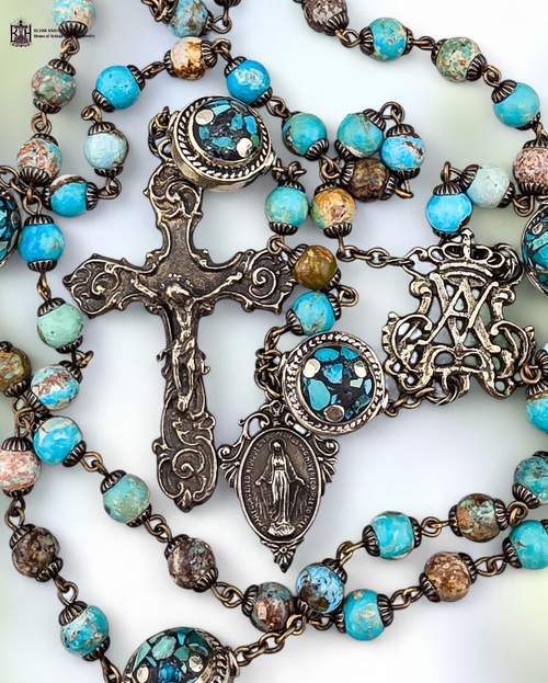 Ave Maria Miraculous Medal Rosary – White Bronze with Turquoise