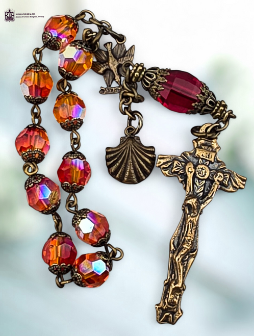 Holy Spirit Holy Eucharist Baptismal Shell solid bronze chaplet Swarovski fiery orange Preciosa by Bless And Heal Me