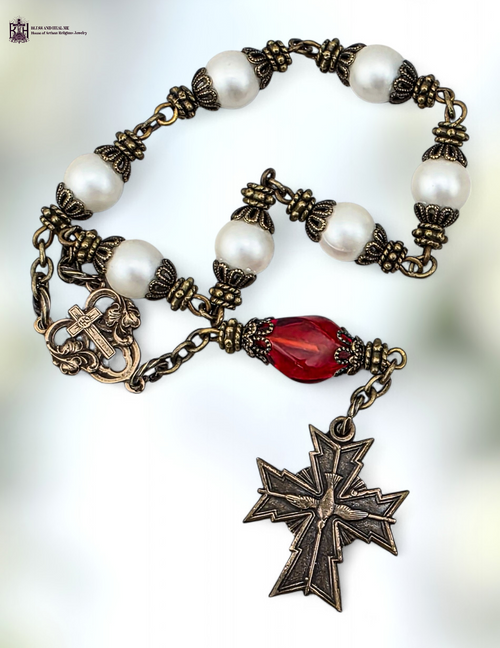 Seven Gifts Holy Spirit solid bronze 7 bead chaplet satin pearl shell red amber by Bless And Heal Me