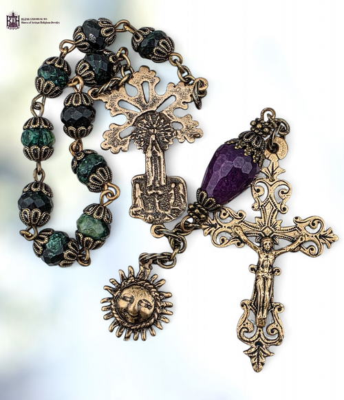 Our Lady Fatima sun solid bronze chaplet natural emerald purple jade by Bless And Heal Me