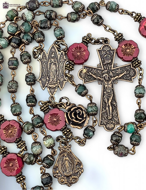 Immaculate Mary Miraculous Mary premium bronze rosary natural emerald red Czech glass flowers by Bless And Heal Me