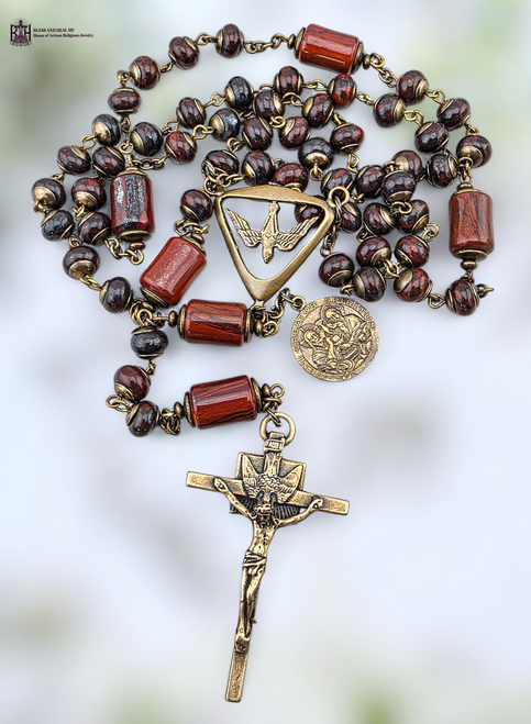 Holy Spirit Holy Trinity premium bronze rosary red jasper by Bless And Heal Me