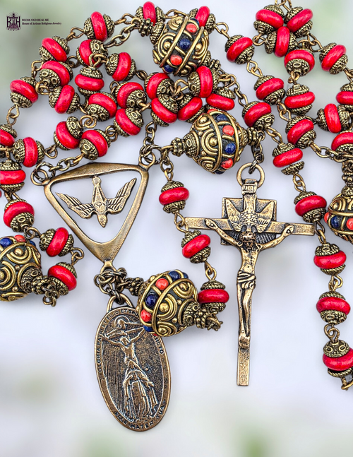 Holy Spirit Holy Trinity Holy Eucharist premium bronze rosary red howlite by Bless And Heal Me