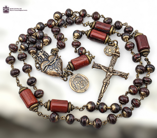Sacred Bleeding Heart Holy Face Veronica Veil Nail Crucifix premium bronze rosary red jasper by Bless And Heal Me