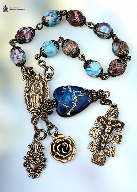 Our Lady Guadalupe Sacred Heart rose Caravaca crucifix heritage bronze chaplet blue purple imperial jasper by Bless And Heal Me