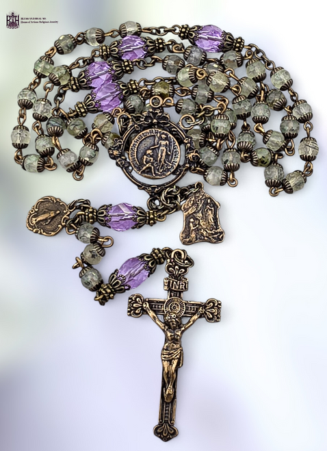 Healing Saints Archangel Raphael Miraculous Mary Our Lady Lourdes Virgin Mary premium bronze rosary prehnite violet Preciosa by Bless And Heal Me