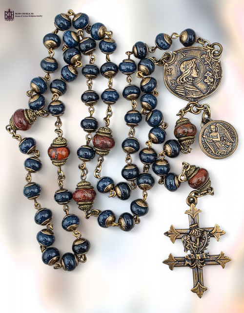 St Joan of Arc Archangel Michael Cross Lorraine thistle premium bronze rosary midnight blue jade red jasper by Bless And Heal Me