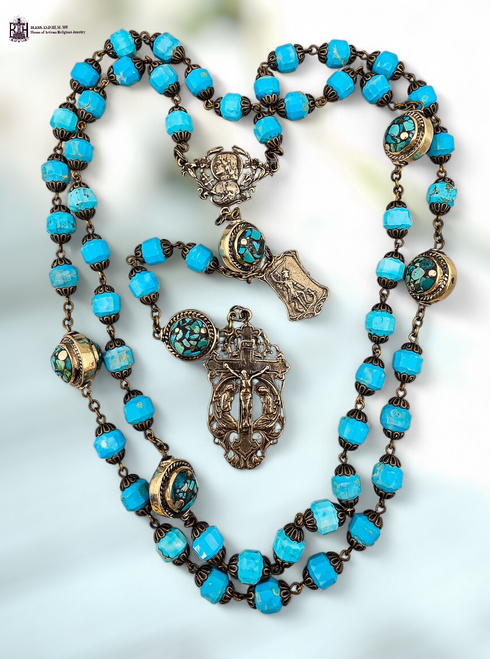 Warrior protection St Joan of Arc Archangel Michael Angels Crucifix premium white bronze rosary blue howlite by Bless And Heal Me