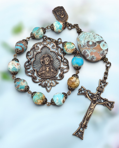 Heritage bronze chaplet with Sacred Heart of Jesus, Immaculate Heart of Mary & St. Martin de Porres medals. Colorful turquoise & blue agatized coral. Catholic heirloom gift for mercy & social justice devotion. By Bless And Heal Me.