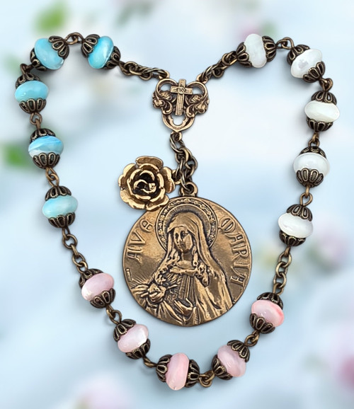 Devotional 15 beads Immaculate Heart of Mary heritage bronze chaplet pink blue white mother of pearl by Bless And Heal Me