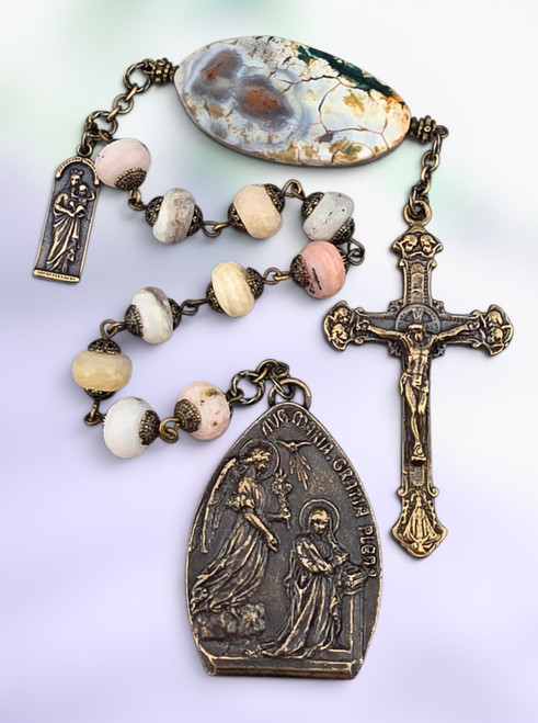 Annunciation Archangel Gabriel Crowned Mother Mary heritage bronze chaplet Pink Opal Colorful White Picture Agate by Bless And Heal Me
