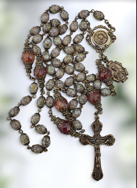 Mary Magdalene Sacred Heart of Jesus Our Lady of Carmel heritage bronze rosary Czech Fire Polished Glass by Bless And Heal Me
