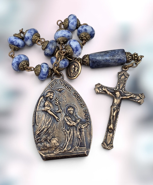 Annunciation Archangel Gabriel Mother Mary heritage bronze chaplet Blue Spot Jasper Lapis Lazuli by Bless And Heal Me