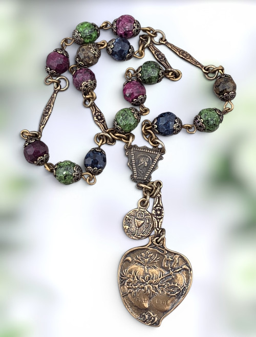 Two Hearts heritage bronze 20 beads devotional chaplet Colorful Jade by Bless And Heal Me