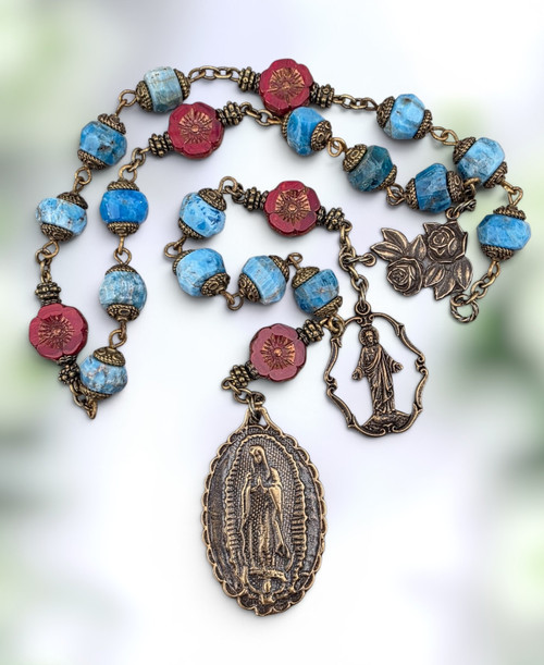 Our Lady of Guadalupe with Roses Sacred Heart of Jesus Miraculous Mary heritage bronze 21 beads chaplet Blue Apatite Red Czech Glass Carved Flowers by Bless And Heal Me