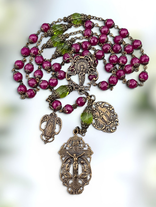 Marian Apparitions Our Lady of the Pillar Miraculous Mary Our Lady of Lourdes heritage bronze rosary Genuine Red Ruby Preciosa beads by Bless And Heal Me