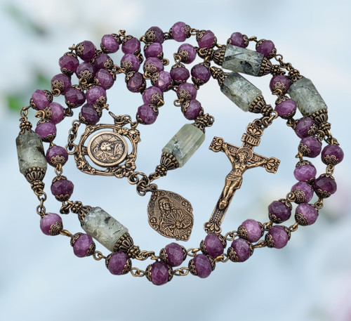 Mary Magdalene Sacred Heart of Jesus Our Lady of the Rosary heritage bronze rosary Magenta Jade Prehnite by Bless And Heal Me