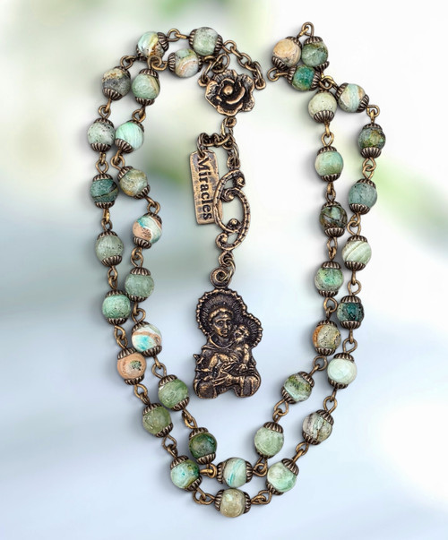 Saint Anthony Saint of Miracles mothers grandparents protection lost things heritage bronze 40 beads chaplet Green Jade by Bless And Heal Me