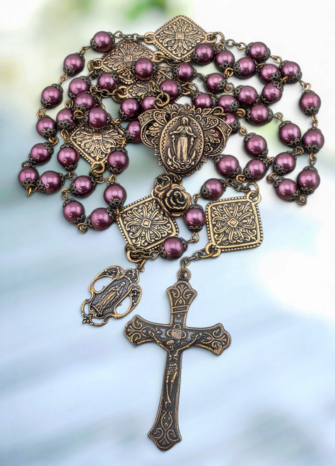 Miraculous Mary Our Lady of Lourdes heritage bronze rosary Plum Pearl Shell by Bless And Heal Me