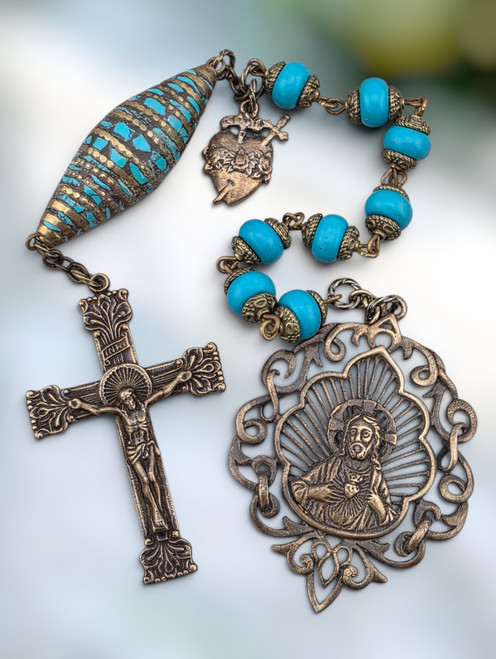 Sacred Heart of Jesus Immaculate Pierced Heart of Mary heritage bronze chaplet Turquoise by Bless And Heal Me