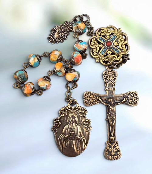 Immaculate Heart of Mary Sacred Heart of Jesus heritage bronze chaplet Spiny Oyster Shell Turquoise by Bless And Heal Me