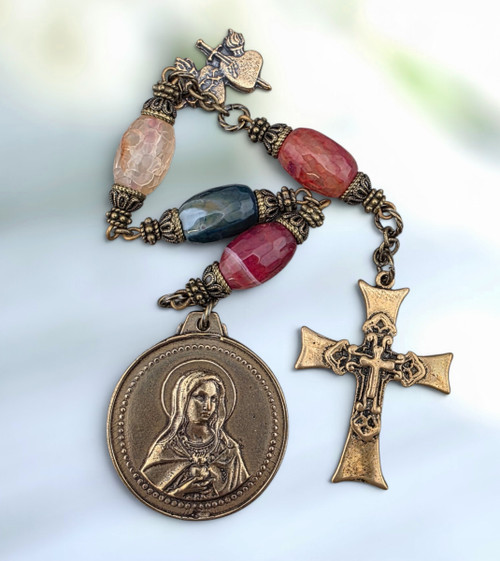 Immaculate Heart of Mary Twin Hearts heritage bronze 3 Hail Marys chaplet Colorful Agate by Bless And Heal Me