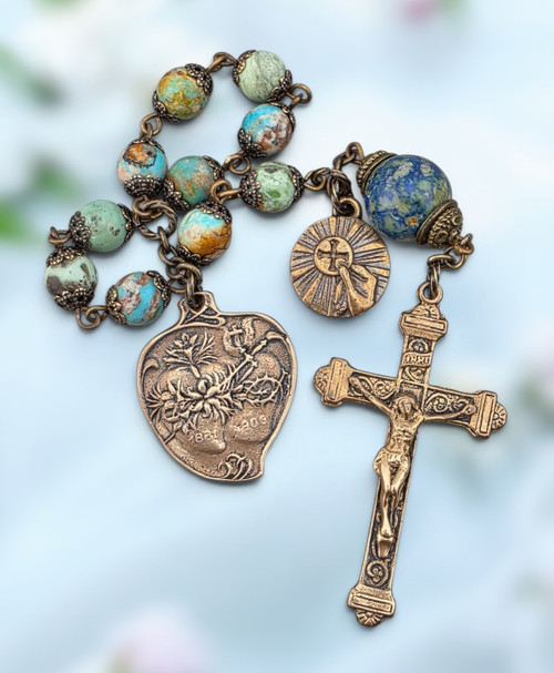 Two Hearts Immaculate Heart of Mary Sacred Heart of Jesus Holy Eucharist heritage bronze chaplet Colorful Turquoise Chrysocolla by Bless And Heal Me