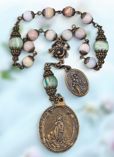 Immaculate Conception Archangel Gabriel Annunciation heritage bronze 15 beads chaplet Pink Opal Green Jade by Bless And Heal Me