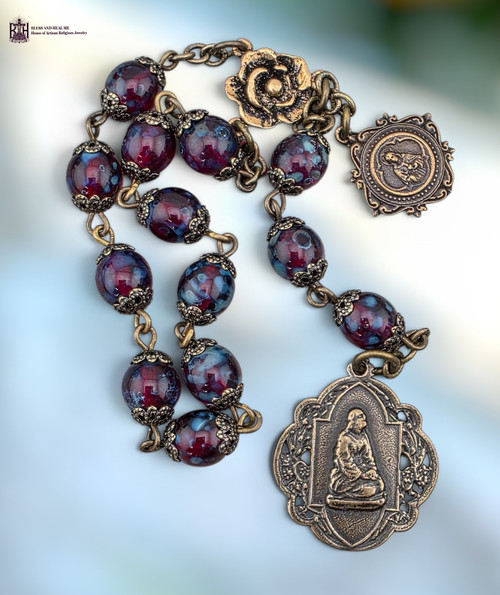 13 beads Mary Magdalene Sacred Heart heritage bronze chaplet red blue Czech glass by Bless And Heal Me