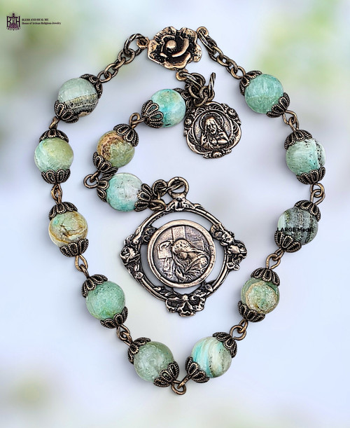 13 beads Mary Magdalene Sacred Heart Our Lady Mount Carmel heritage bronze chaplet green jade by Bless And Heal Me